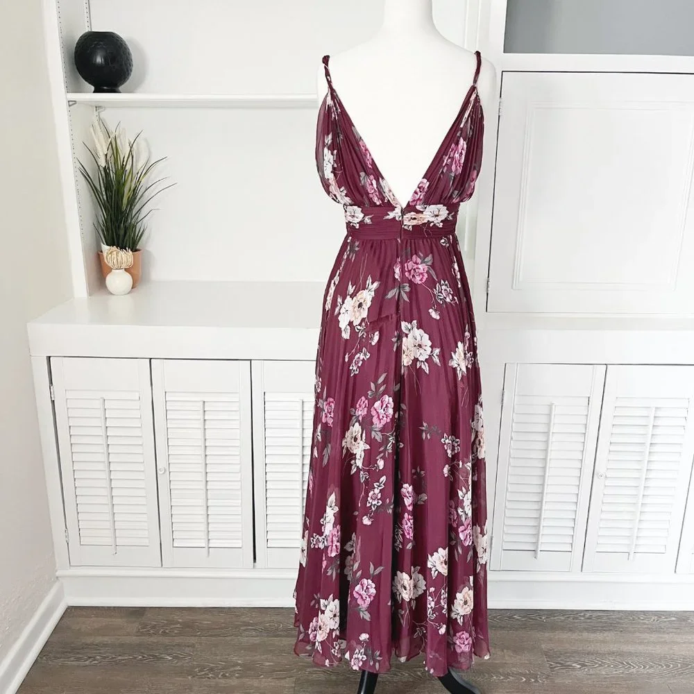 Jill Stuart | Burgundy Floral Print Pleated Zola Midi Dress | 0 - Picture 6 of 10